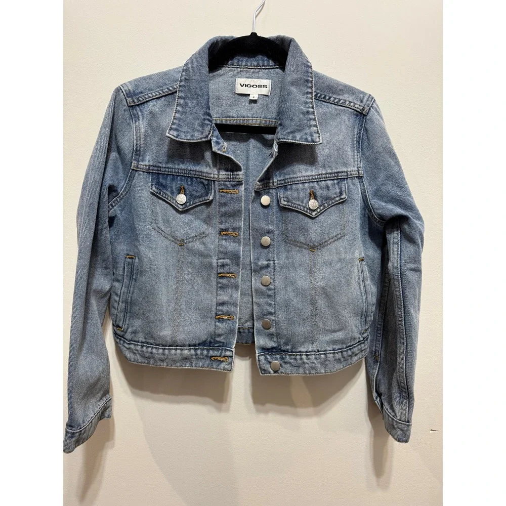 Vigoss Womens Light Wash Denim Trucker Jacket Blue Cropped Small